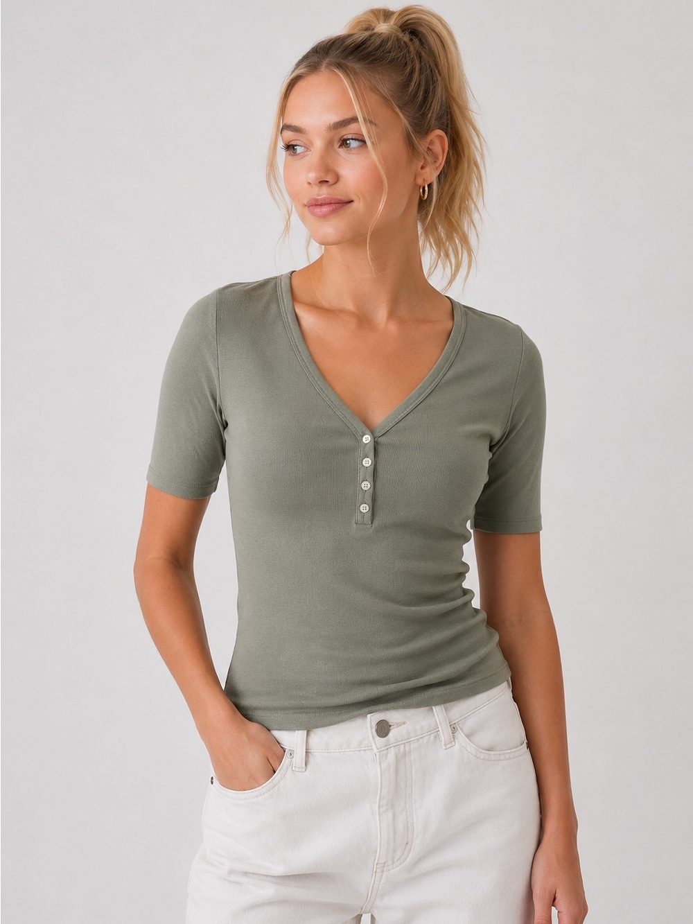 New GAP Modern Ribbed V-Neck Henley Tee